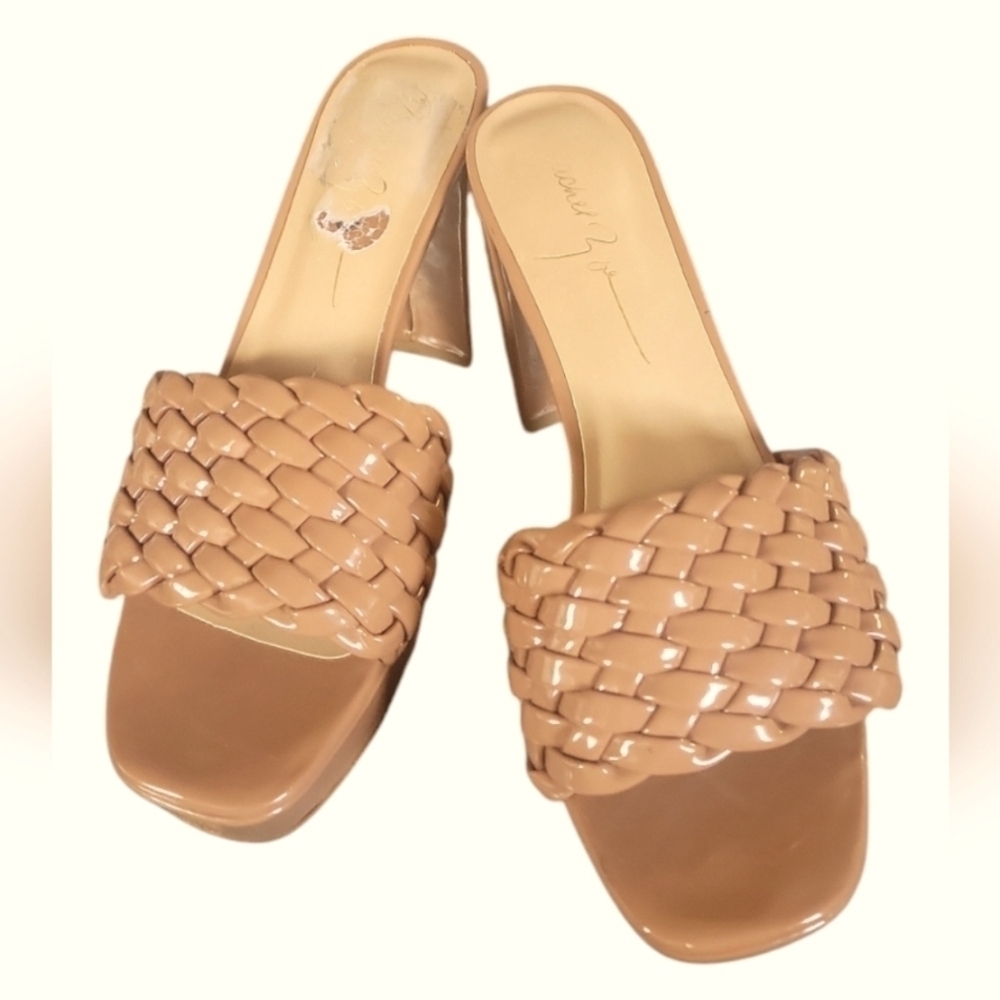 Rachel Zoe Women's Gabrielle Tan Patent Block Heels Woven Texture Sandals Size 8